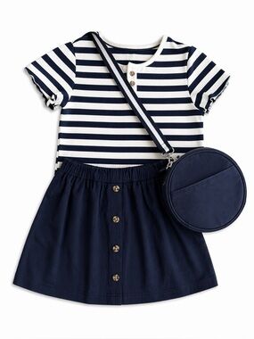 Girls 3PC Outfit Set 5-6 Navy Stripe Top Skirt Crossbody Bag Preppy Cute